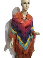 Crochet poncho with collar, woman poncho, orange yarn, handmade, The Orange Poncho,