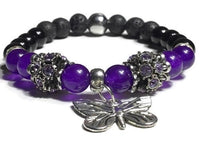 THE PURPLE BUTTERFLY DIFFUSER BRACELET, handmade stretch cord bracelet, black lava rocks with amethyst, black obsidian natural stones , essential oil diffuser bracelet.