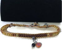 THE ASTER FLOWER DIFFUSER YELLOW LEATHER  WRAP BRACELET, macrame, double wrap crystal beads bracelet, 5 charms, woman's size, Boho-chic style.