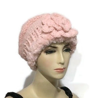 The Pink slouchy Hat, knit  beanie, pink alpaca, faux fur, woman's size, winter hat
