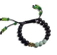 THE GOLDEN ELEPHANT DIFFUSER BRACELET, black lava rocks with green amazonite stones, macramê clasp, memory wire, woman's size, essential oil diffuser,