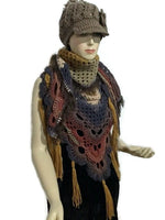 Shades of brown crochet shawl, Bohemian-chic, triangular wrap, gift for her, woman size