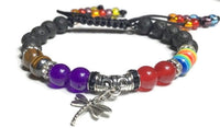 THE SILVER DRAGONFLY DIFFUSER BRACELET, black lava rock with tiger eye, rainbow, red agate, amethyst natural stones, essential oil diffuser, memory wire, macrame clasp,