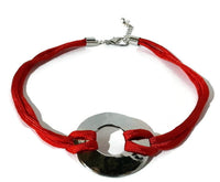 Metal circle choker necklace, red paracord, woman size, The red choker necklace