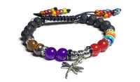 THE SILVER DRAGONFLY DIFFUSER BRACELET, black lava rock with tiger eye, rainbow, red agate, amethyst natural stones, essential oil diffuser, memory wire, macrame clasp,