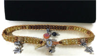 THE ASTER FLOWER DIFFUSER YELLOW LEATHER  WRAP BRACELET, macrame, double wrap crystal beads bracelet, 5 charms, woman's size, Boho-chic style.