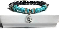 THE YIN YANG CHARM DIFFUSER BRACELET, black lava rock stones, turquoise stones, black bright agate stones, essential oil diffuser bracelet, stretch bracelet, woman's size, gift for her.