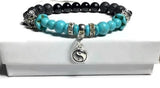 THE YIN YANG CHARM DIFFUSER BRACELET, black lava rock stones, turquoise stones, black bright agate stones, essential oil diffuser bracelet, stretch bracelet, woman's size, gift for her.