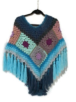 NOT YOUR GRANNY'S PONCHO, granny squares, crochet poncho, blue acrylic yarn, Andrea designs handmade ponchos