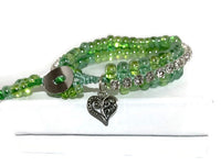 THE HEART CHARM BRACELET- beaded tennis bracelet, green nylon cord, green seed beads, handmade macramé bracelet, crystal chain, woman's size, Boho-chic style, gift, X-mas gift,
