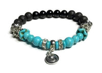 THE YIN YANG CHARM DIFFUSER BRACELET, black lava rock stones, turquoise stones, black bright agate stones, essential oil diffuser bracelet, stretch bracelet, woman's size, gift for her.