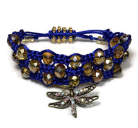THE GOLDEN DRAGONFLY BRACELET, royal blue nylon cord, macramé wrap, camel  beads color, 6.5 woman's size, adjustable clasp,