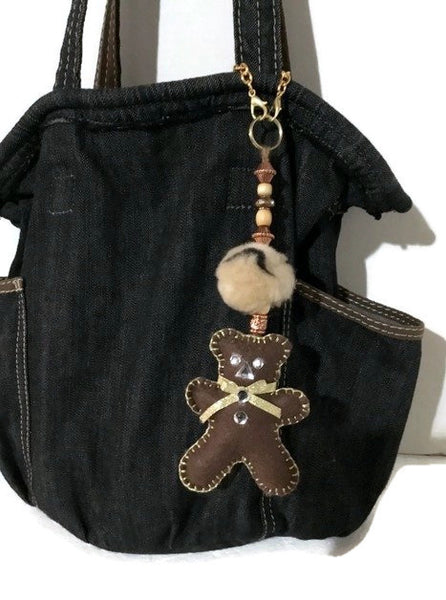 Bear handbag charm, handmade purse embellishment, keyring, The brown teddy bear handbag charm