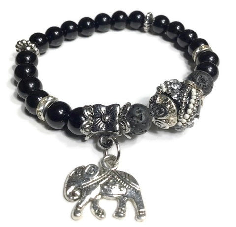 THE SILVER ELEPHANT DIFFUSER BRACELET, handmade stretch bracelet, black lava rock with black bright agate natural stones, essential oil diffuser bracelet, gift for her, woman's size