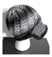 Gray, black, crochet hat, THE BLACK AND GRAY MOCKINGBIRD HAT, handmade beanie with visor brim, woman's size, ready to ship