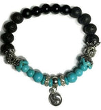 THE YIN YANG CHARM DIFFUSER BRACELET, black lava rock stones, turquoise stones, black bright agate stones, essential oil diffuser bracelet, stretch bracelet, woman's size, gift for her.
