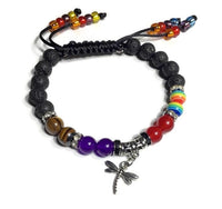 THE SILVER DRAGONFLY DIFFUSER BRACELET, black lava rock with tiger eye, rainbow, red agate, amethyst natural stones, essential oil diffuser, memory wire, macrame clasp,