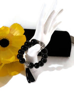 The black night tulip bracelet, stretch bracelet, jet black polish glass beads, handmade bracelet,