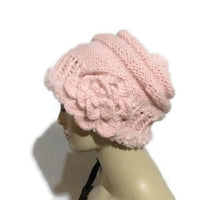The Pink slouchy Hat, knit  beanie, pink alpaca, faux fur, woman's size, winter hat