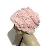 The Pink slouchy Hat, knit  beanie, pink alpaca, faux fur, woman's size, winter hat