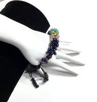 The multicolor flowers of the garden bracelet, handmade kumihimo wrislet, woman size, yellow,green,blue,pink,iris mix beads, macrame clasp,