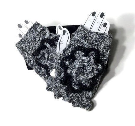 THE GRAY AND BLACK CROCHET FINGERLESS GLOVES, women's size,   winter wear, Andrea designs handmade fingerless gloves