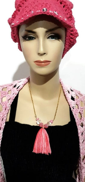 Pink glass beads with tassel,  metal bar necklace, The pink peony necklace