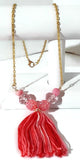 Pink glass beads with tassel,  metal bar necklace, The pink peony necklace