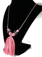 Pink glass beads with tassel,  metal bar necklace, The pink peony necklace