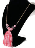 Pink glass beads with tassel,  metal bar necklace, The pink peony necklace