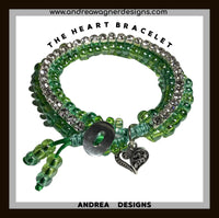 THE HEART CHARM BRACELET- beaded tennis bracelet, green nylon cord, green seed beads, handmade macramé bracelet, crystal chain, woman's size, Boho-chic style, gift, X-mas gift,