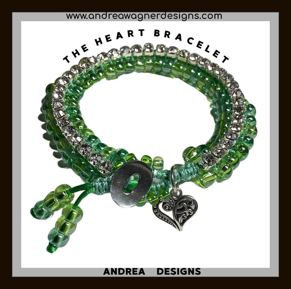 THE HEART CHARM BRACELET- beaded tennis bracelet, green nylon cord, green seed beads, handmade macramé bracelet, crystal chain, woman's size, Boho-chic style, gift, X-mas gift,