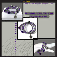 THE SILVER SKULL COIL WRAP DIFFUSER BRACELET, beaded wrap, amethyst stone, purple lava rock, woman's size