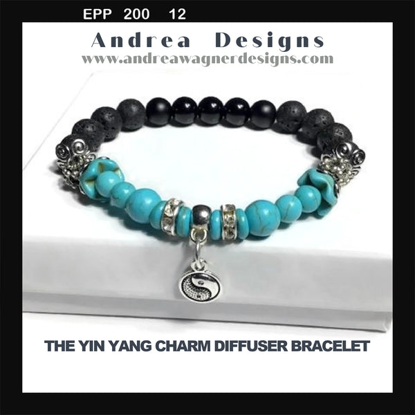 THE YIN YANG CHARM DIFFUSER BRACELET, black lava rock stones, turquoise stones, black bright agate stones, essential oil diffuser bracelet, stretch bracelet, woman's size, gift for her.