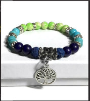 THE TREE OF LIFE DIFFUSER BRACELET, blue lava rock beads with turquoise, green, blue stones essential oil diffuser handmade bracelet, stretch bracelet, woman's size, for her