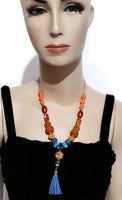 Blue leather tassel, statement beaded necklace, handmade necklace, boho chic style, The orange peacock necklace.