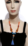 Blue leather tassel, statement beaded necklace, handmade necklace, boho chic style, The orange peacock necklace.