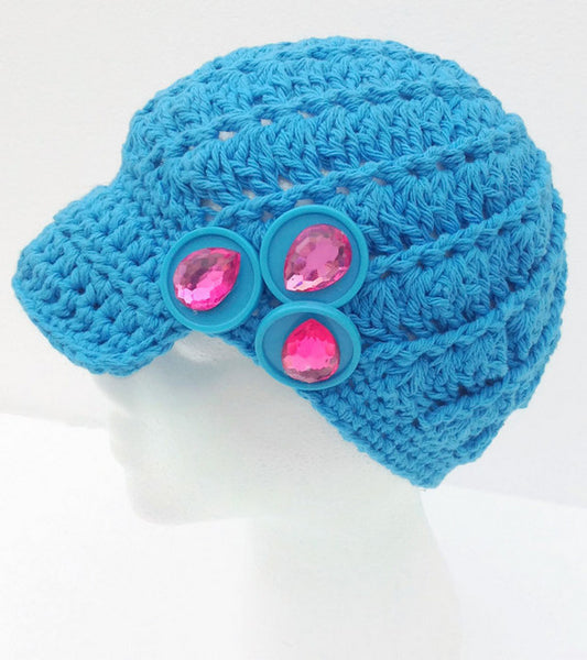 Newsboy crochet hat, handmade hat with a bill, embellished hat with buttons, cotton yarn, The royal blue hat