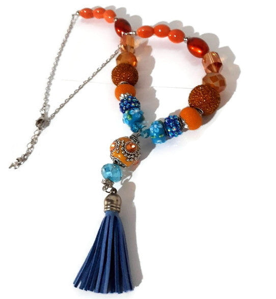 Blue leather tassel, statement beaded necklace, handmade necklace, boh
