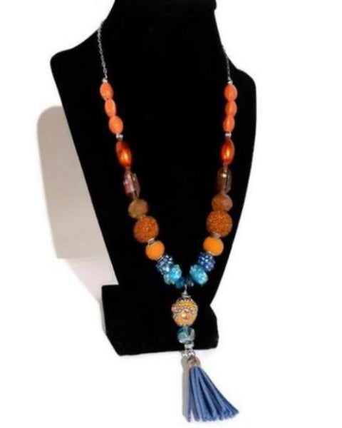 Blue leather tassel, statement beaded necklace, handmade necklace, boho chic style, The orange peacock necklace.