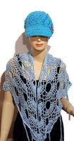 Handmade cotton wrap, light blue cotton yarn, triangular shawl, The Spring shawl,