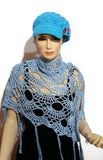 Handmade cotton wrap, light blue cotton yarn, triangular shawl, The Spring shawl,