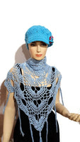 Handmade cotton wrap, light blue cotton yarn, triangular shawl, The Spring shawl,