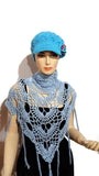 Handmade cotton wrap, light blue cotton yarn, triangular shawl, The Spring shawl,