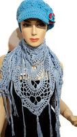 Handmade cotton wrap, light blue cotton yarn, triangular shawl, The Spring shawl,