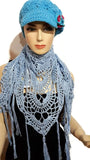 Handmade cotton wrap, light blue cotton yarn, triangular shawl, The Spring shawl,