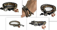 Beaded double wrap bracelet, macrame art, black leather, THE HONEY BEE BRACELET