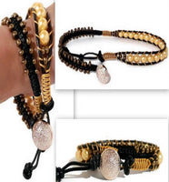 Macrame double wrap bracelet, boho chic, black leather, The chocolate cosmos bracelet