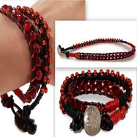 Leather  double wrap beaded macrame bracelet, handmade, The red tulip bracelet