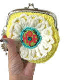 Crochet wristlet, metal frame purse, kiss clasp, The yellow daisy coin purse